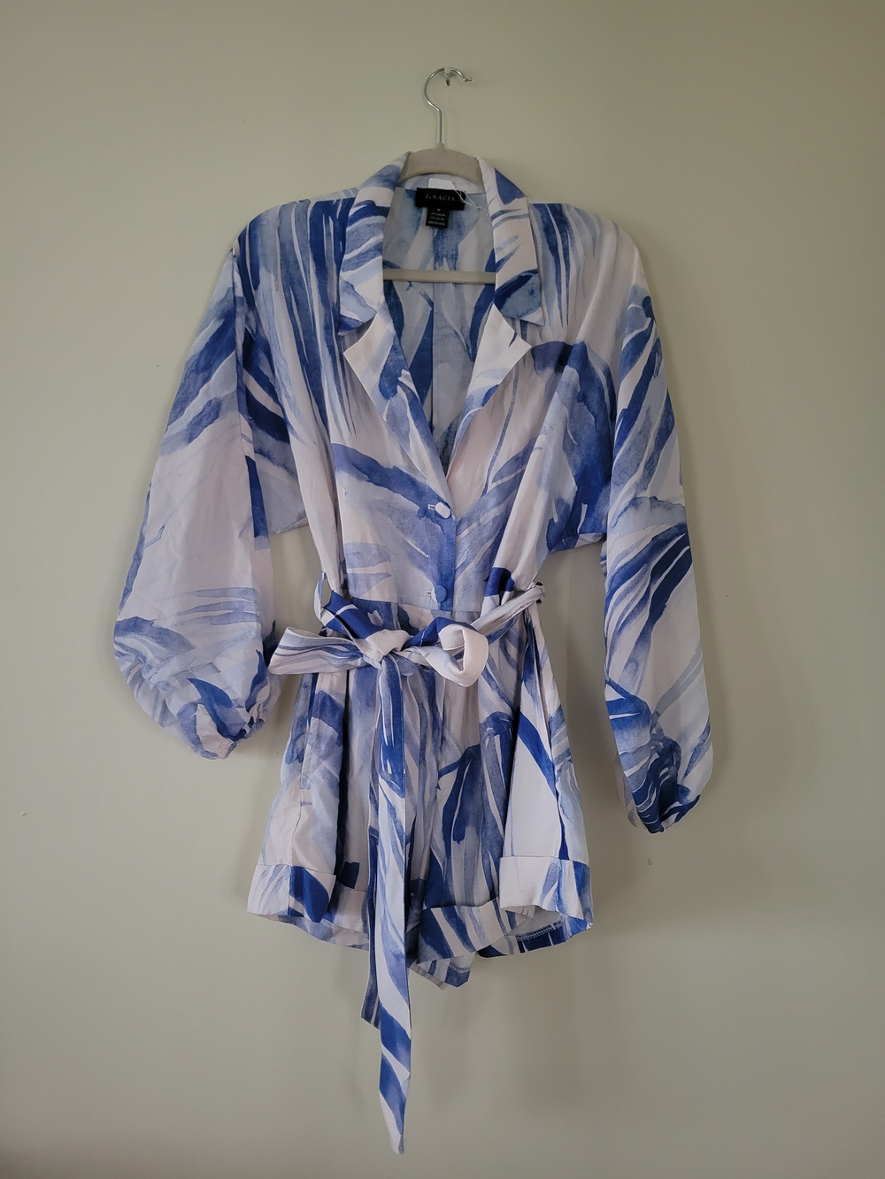 Gracia Chiffon Blue & White Watercolor Print Romper with Belt